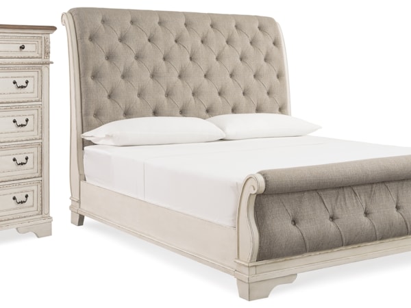 Queen Upholstered Sleigh Bed And Chest