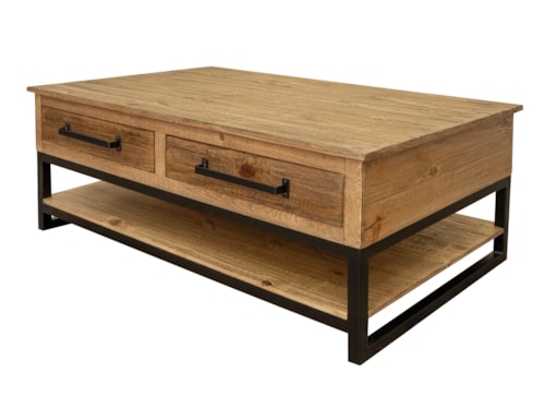 Solid Wood/Metal Cocktail Table with 4 Drawers & Casters