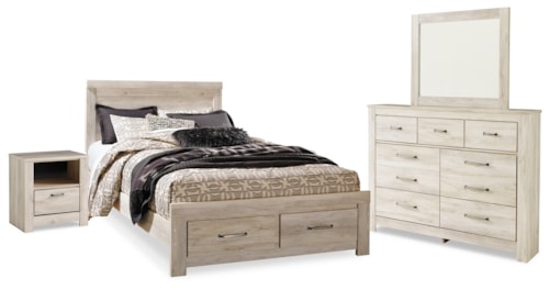 Queen Panel Storage Bed, Dresser, Mirror And Nightstand