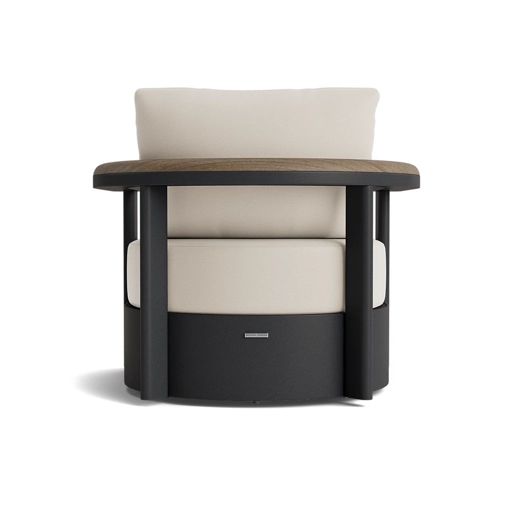 Barrel-Back Swivel Lounge Chair w/Teak Arms