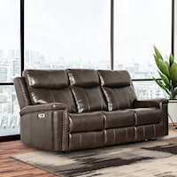 Transitional Power Reclining Leather Sofa with Nailheads