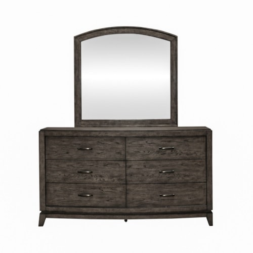 Transitional 6-Drawer Dresser and Arched Mirror with Felt-lined Top Drawers