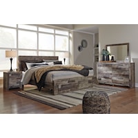 King Panel Storage Bed, Dresser, Mirror and Nightstand