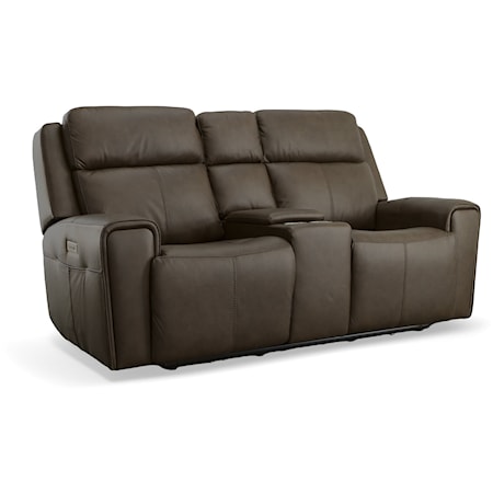 Transitional Power Reclining Loveseat with Console and Power Headrests and Lumbar