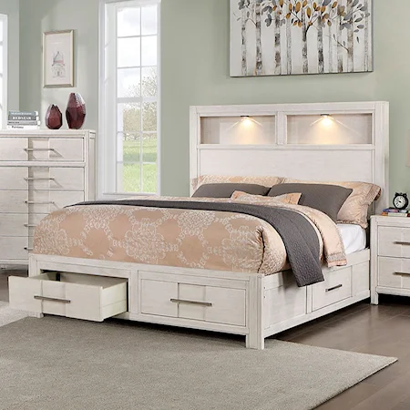 Transitional Queen Storage Bed with Built-in Lighting