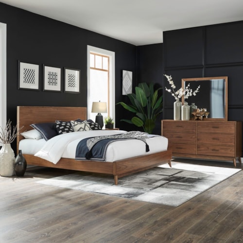Mid Century Modern Queen Platform Bed, Dresser and Mirror