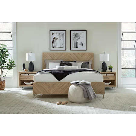 Transitional Queen Panel Bed with Geometric Headboard Design and USB Ports