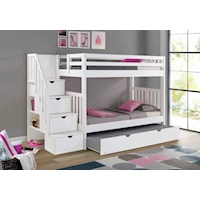 Twin over Twin Bunk Bed with Staircase and Storage - White
