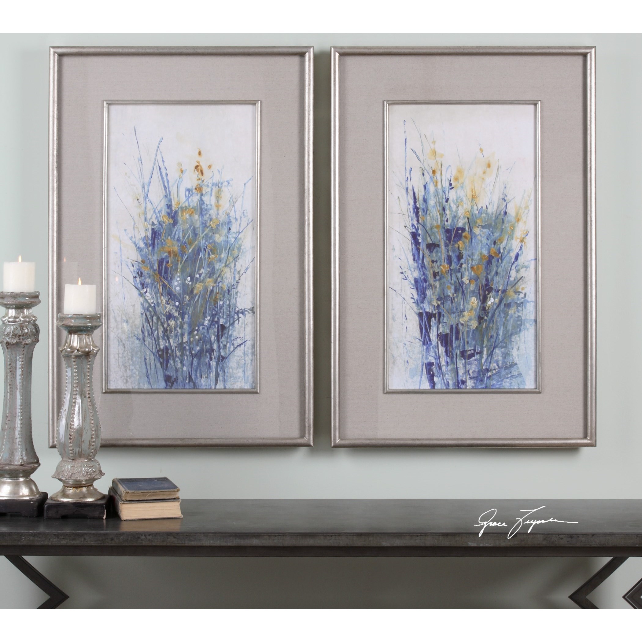 Indigo Florals Framed Prints, S/2