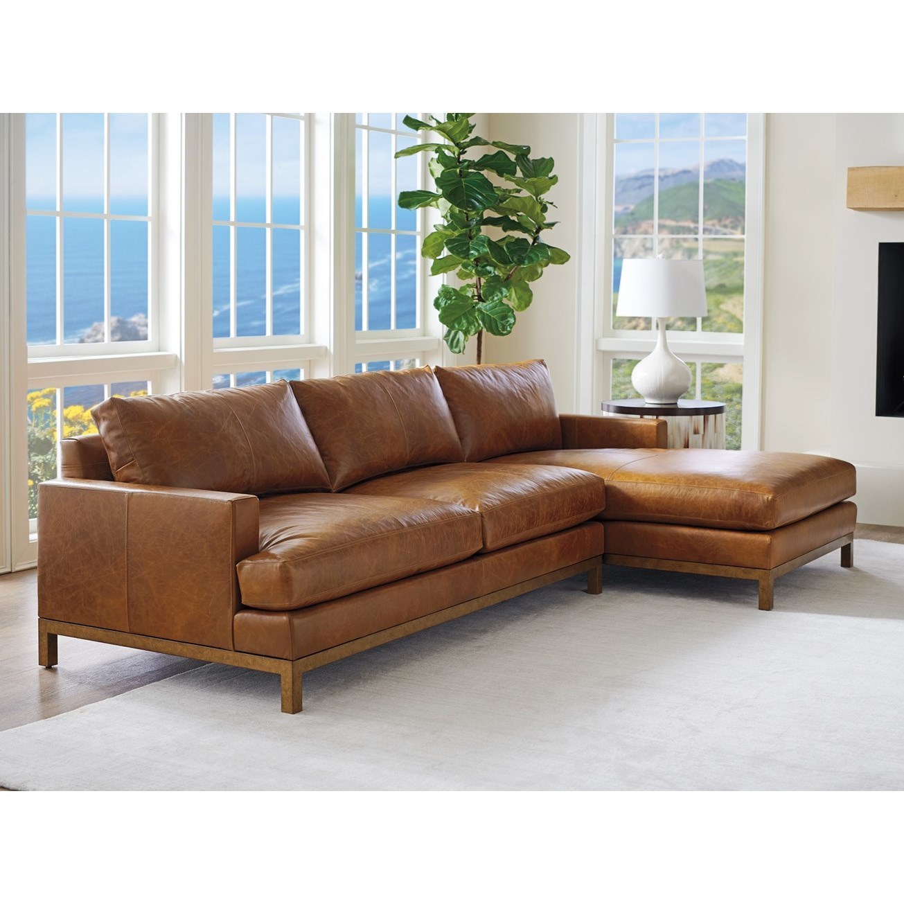 2-Piece Leather Sectional Sofa w/Brass Base