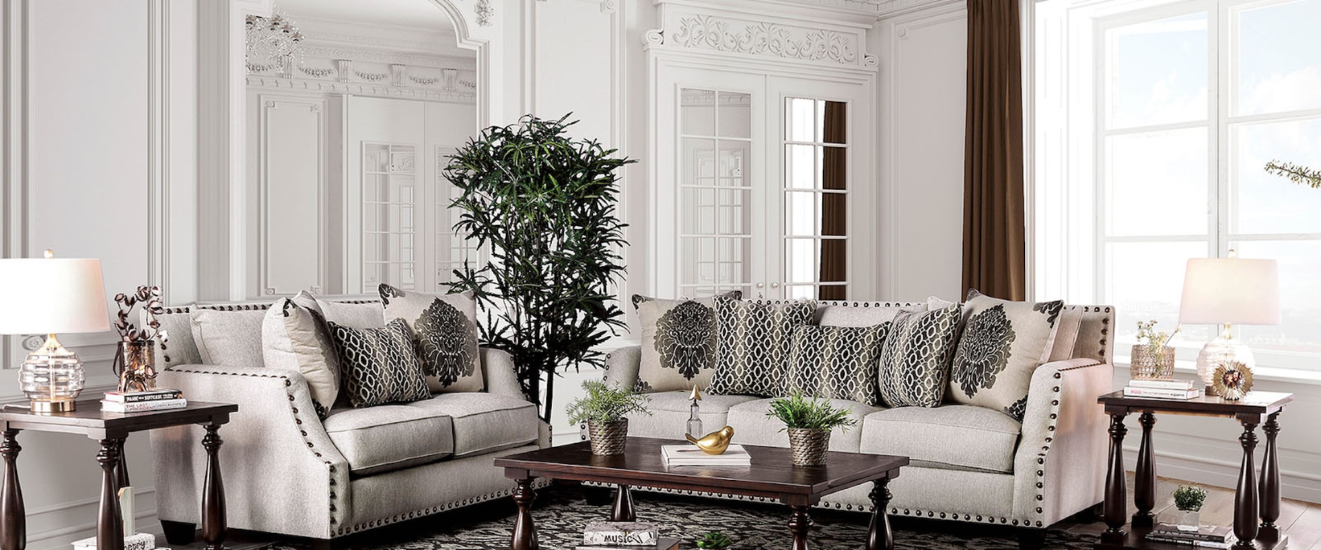 Transitional Sofa and Loveseat Set with Toss Pillows and Large Nailheads