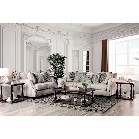 Transitional Sofa and Loveseat Set with Toss Pillows and Large Nailheads