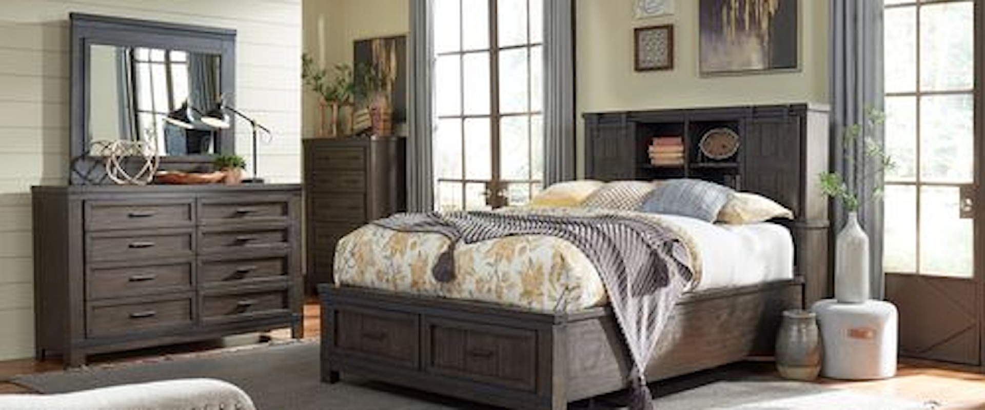 Transitional 4-Piece Queen Panel Bookcase Bed Set