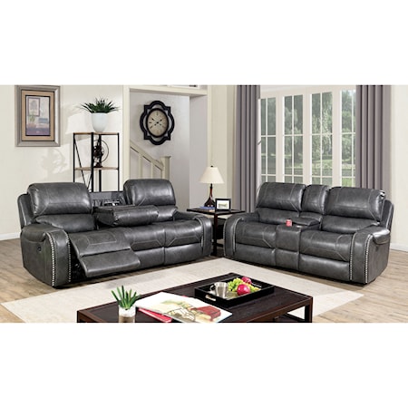 Transitional Power Motion Sofa and Loveseat Set with Nailhead Trim 