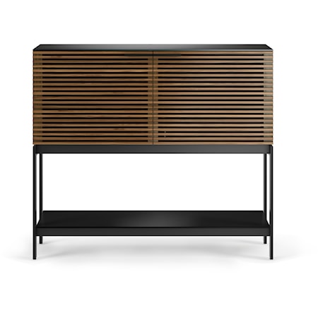 Contemporary Bar Cabinet with Louvered Doors and Open Shelf