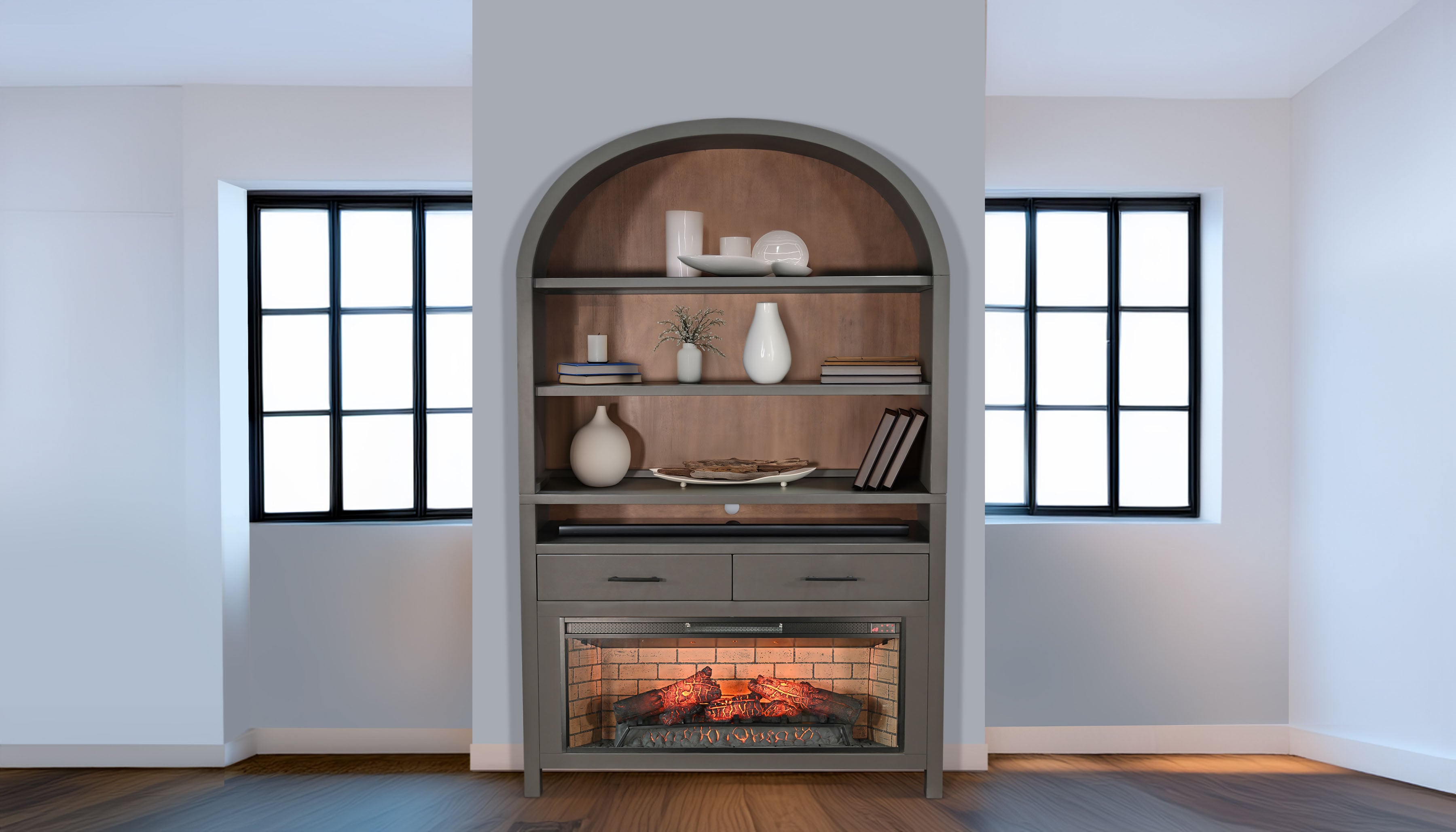 Wide Arch Bookcase with Log Fire Insert