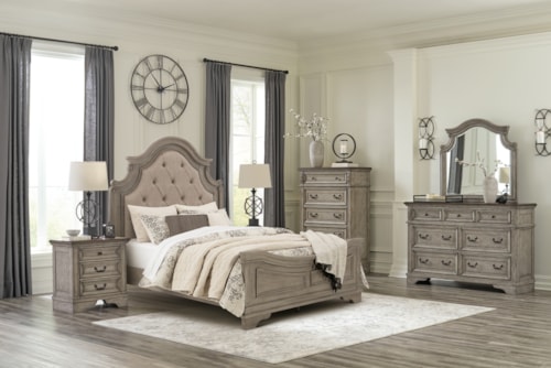 Queen Upholstered Panel Bed, Dresser, Mirror, Chest And Nightstand