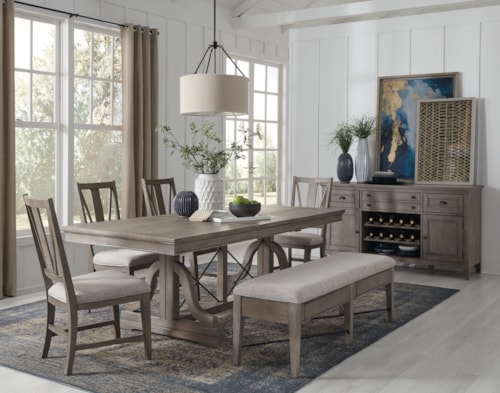 Transitional 6-Piece Dining Set w/ Trestle Table and Bench