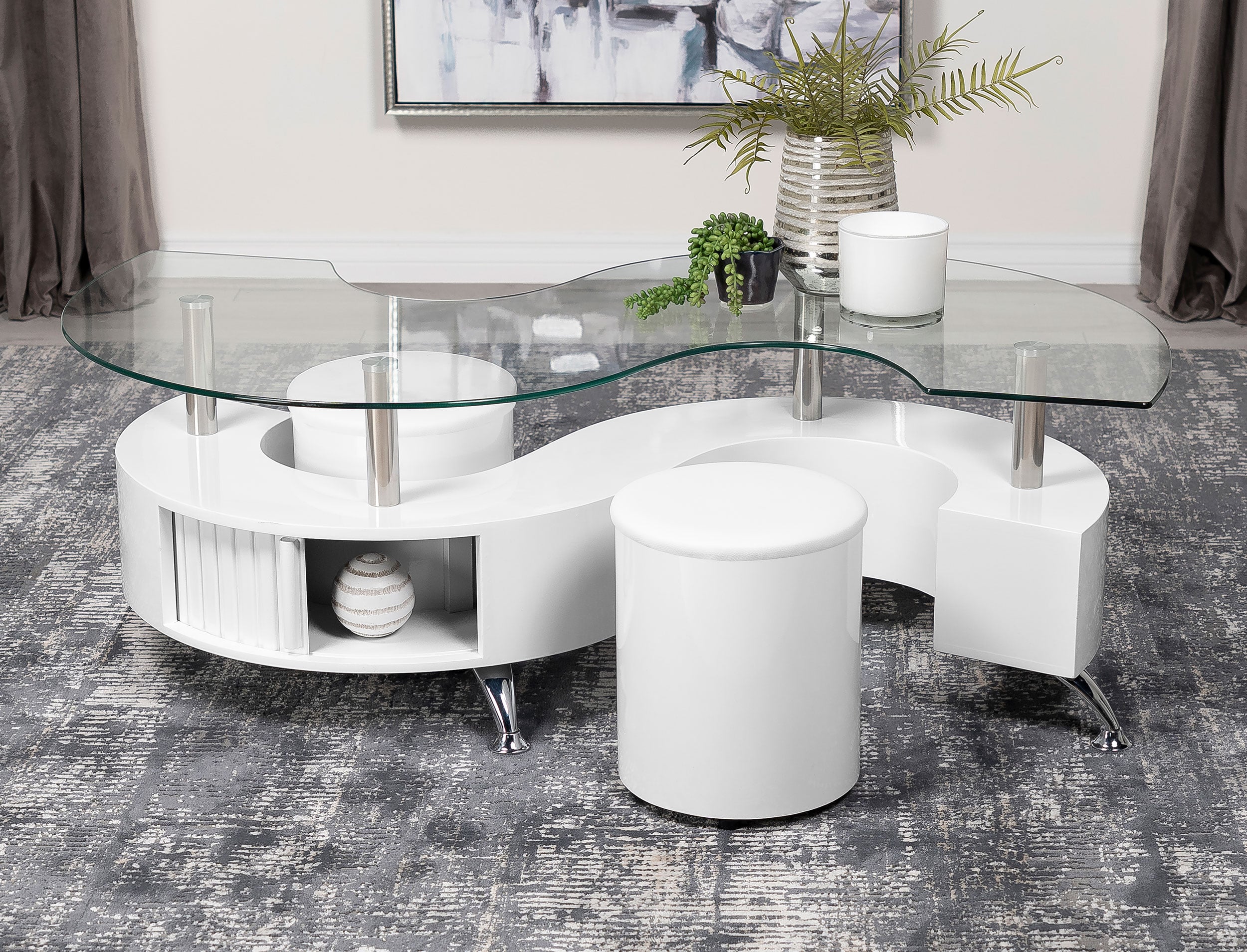 Coffee Table 68836 WHITE S SHAPED COFFEE TABLE WITH 2