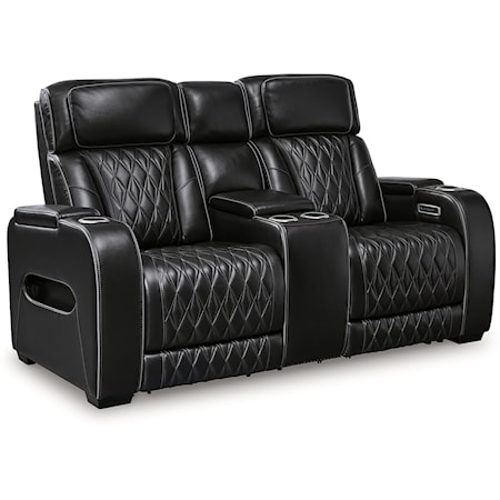 Leather Match Power Recl Loveseat w/ Console & Adj Hdrsts