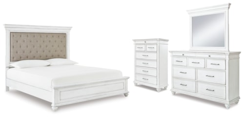 Cal King Upholstered Panel Bed, Dresser, Mirror And Chest