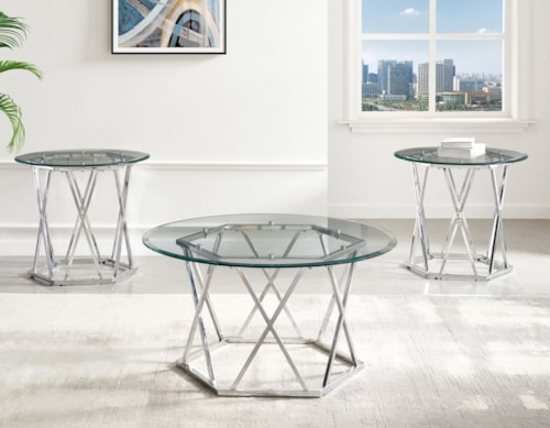 Glam Contemporary 3-Piece Hexagonal Chrome Base Occasional Set