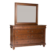 Transitional Eight-Drawer Dresser with Wood-Framed Landscape Mirror