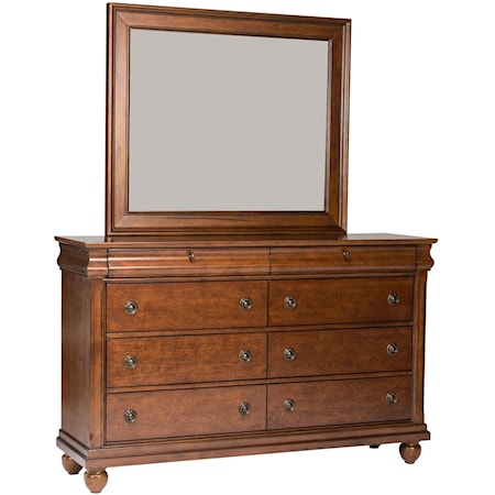Transitional Eight-Drawer Dresser with Wood-Framed Landscape Mirror