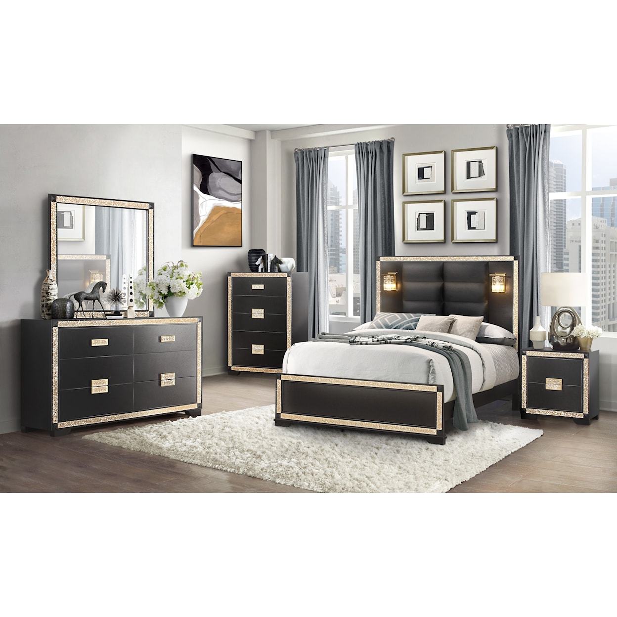 Global Furniture Blake Upholstered Queen Panel Bed with Lamps