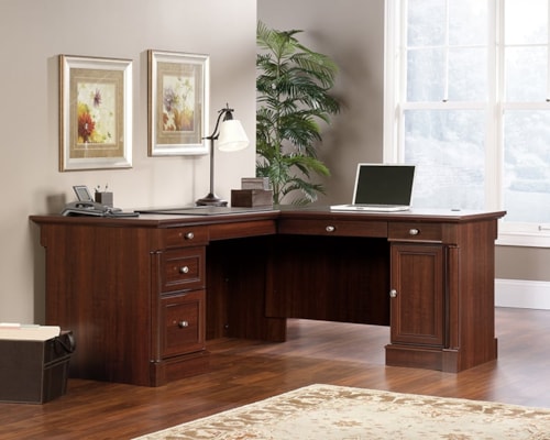 Traditional L-Shaped Office Desk with Drop-Front Keyboard Drawer