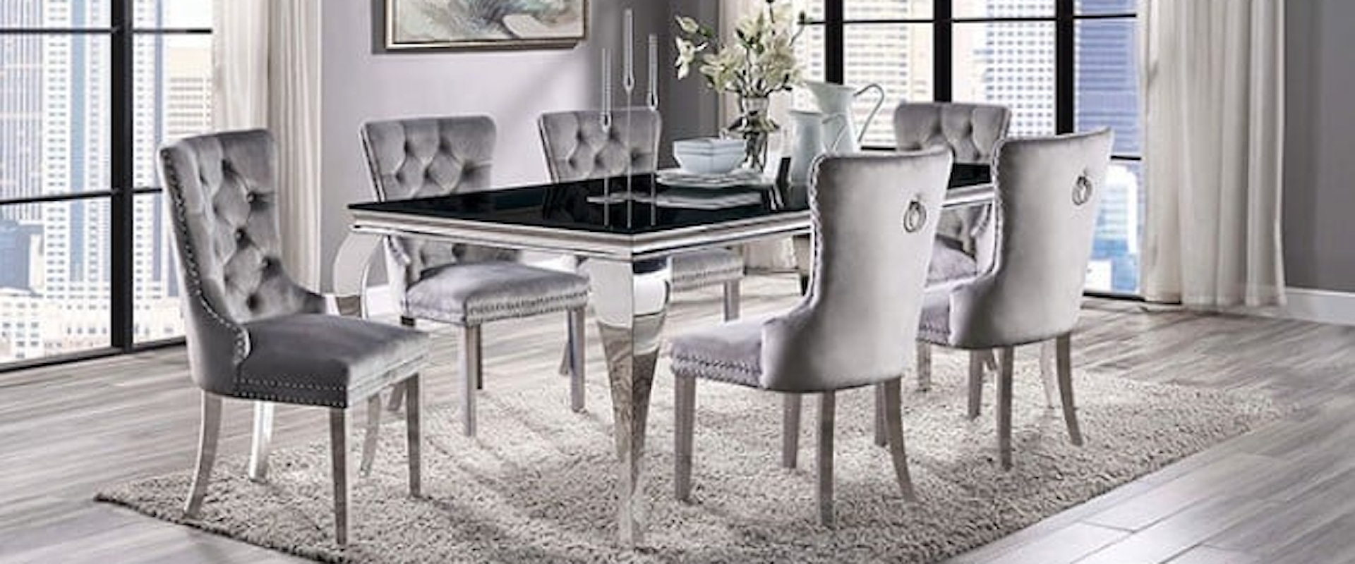Glam 7-Piece Dining Set with Gray Upholstered Chairs