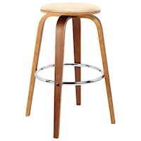 30" Mid-Century Swivel Bar Height Backless Barstool in Cream Faux Leather with Walnut Veneer