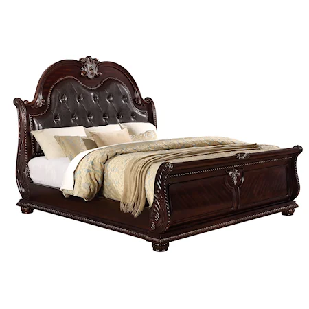 Traditional Queen Arched Panel Bed with Button-Tufted Headboard and Nailheads