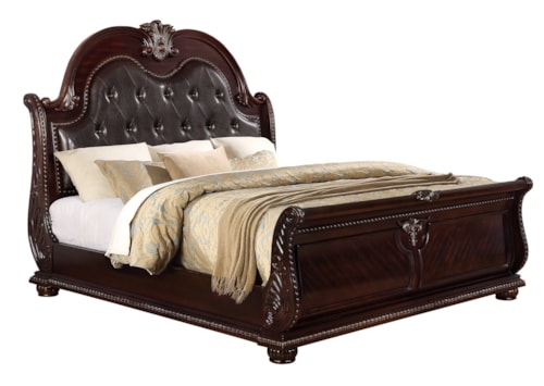 Traditional Queen Arched Panel Bed with Button-Tufted Headboard and Nailheads