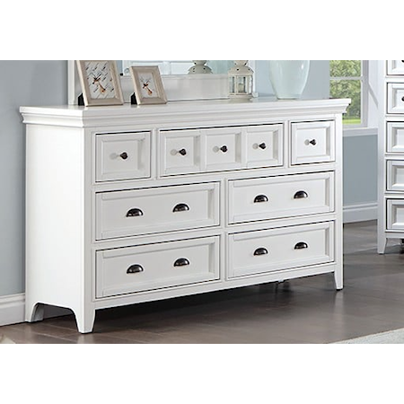 Transitional 7-Drawer White Dresser with Crown Molding