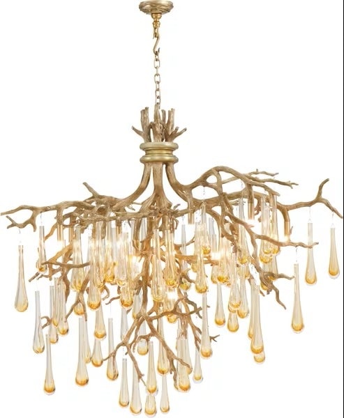 Contemporary 12-Light Brass Chandelier with Glass Droplets