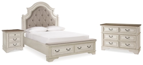 Queen Upholstered Panel Bed With Storage, Dresser And Nightstand