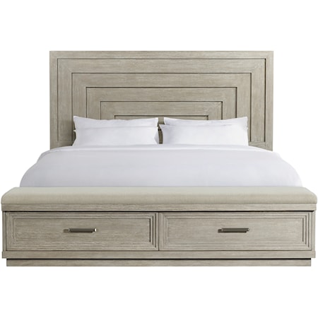 Contemporary California King Panel Storage Bed with Upholstered Bench