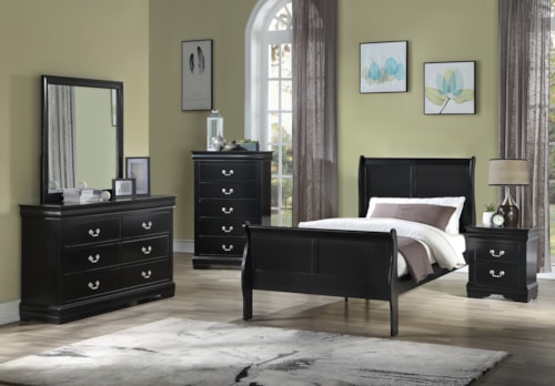 Louis Philip Transitional Black 5-Piece Bedroom Set - Twin
