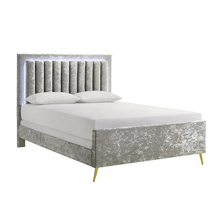 Glisten Glam Upholstered Queen Bed with Built-in LED Lighting - Silver