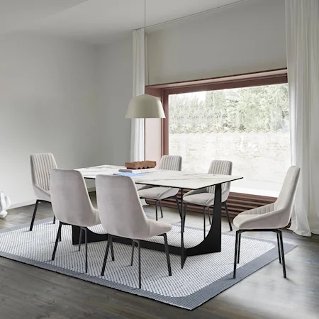 Transitional 7 Piece Dining Set with Gray Fabric Chairs
