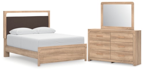 Queen Upholstered Panel Bed, Dresser And Mirror