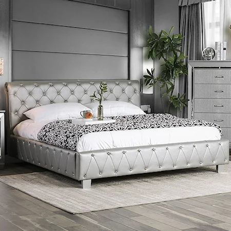 Contemporary Queen Sleigh Bed with Upholstered Frame and Bluetooth Speakers