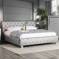 Contemporary California King Sleigh Bed with Upholstered Frame and Bluetooth Speakers