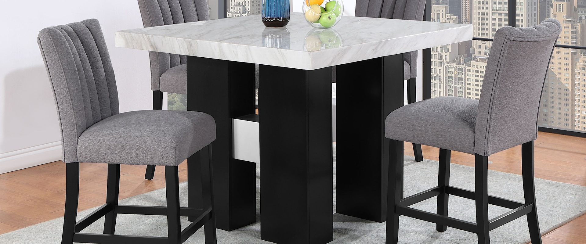 Contemporary Bar Table with White Faux Marble Top and 4 Bar Stools