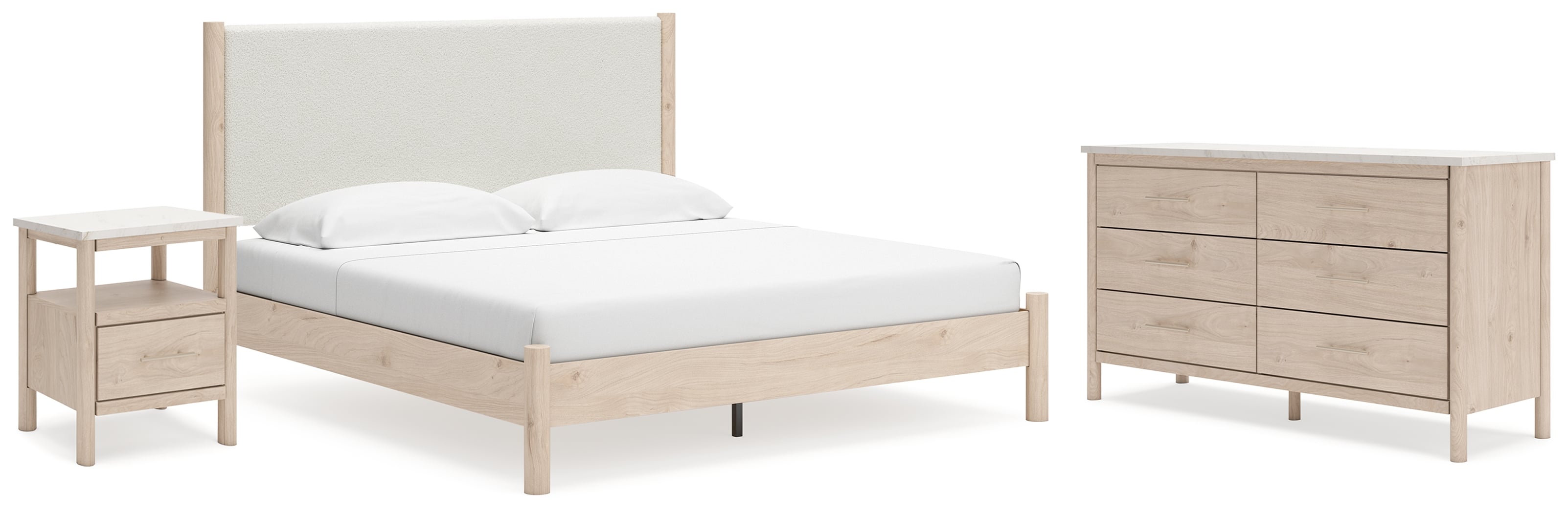 King Upholstered Panel Bed, Dresser And Nightstand