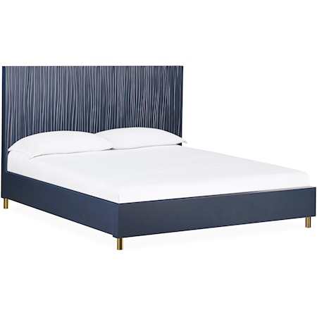 California King Wave-Patterned Bed in Navy Blue and Burnished Brass