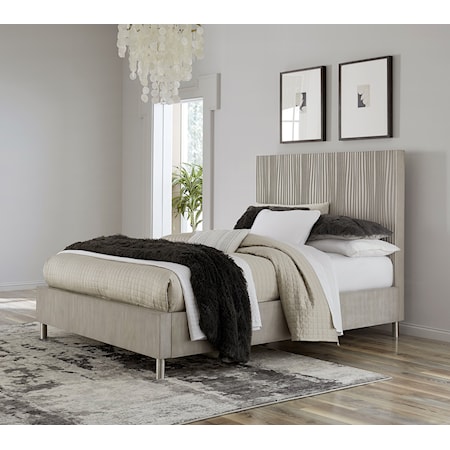Contemporary Full Platform Bed with Carved Headboard and Metal Legs