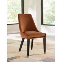 Velvet Upholstered Metal Base Dining Chair in Cognac and Brass