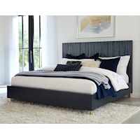 Queen Wave-Patterned Bed in Navy Blue and Burnished Brass